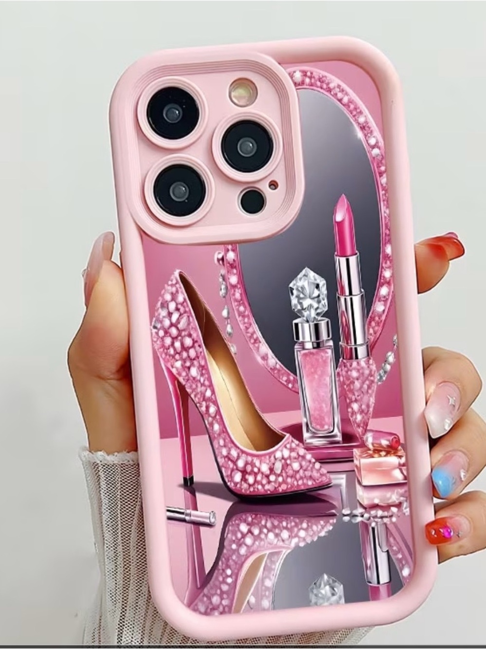 Pink Glam Phone Case with High Heel & Mirror Design